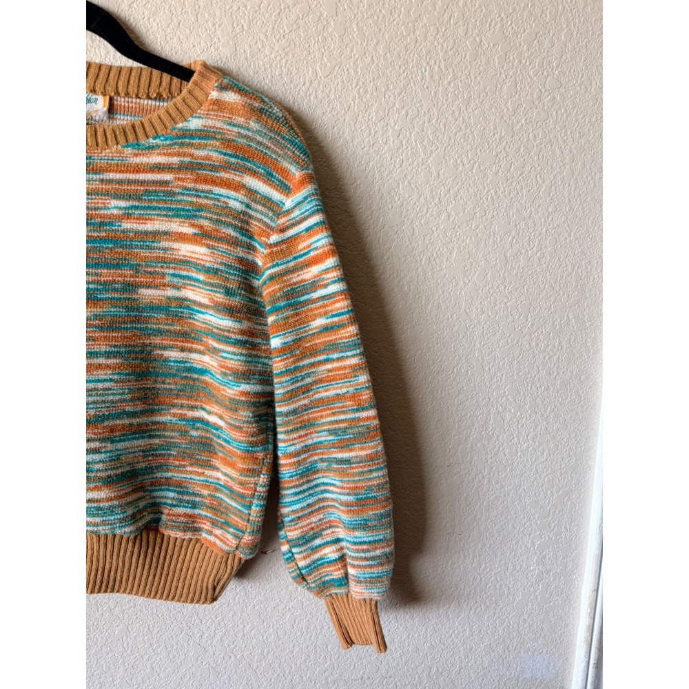 Vintage Fashion Womens Space Dye Knit XS Sweater Tan‎ Teal Crew Neck Ribbed Trim - Picture 4 of 11